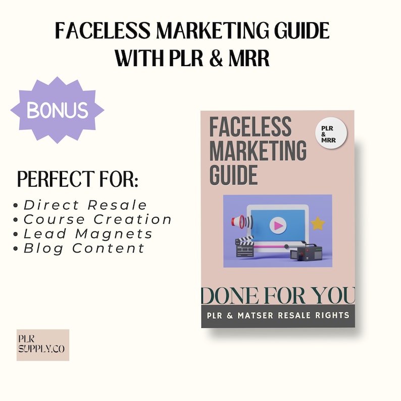 PLR Faceless Videos with Master Resell Rights and PLR, MRR Faceless Marketing Done For you to Sell On Etsy with Faceless Marketing Guide